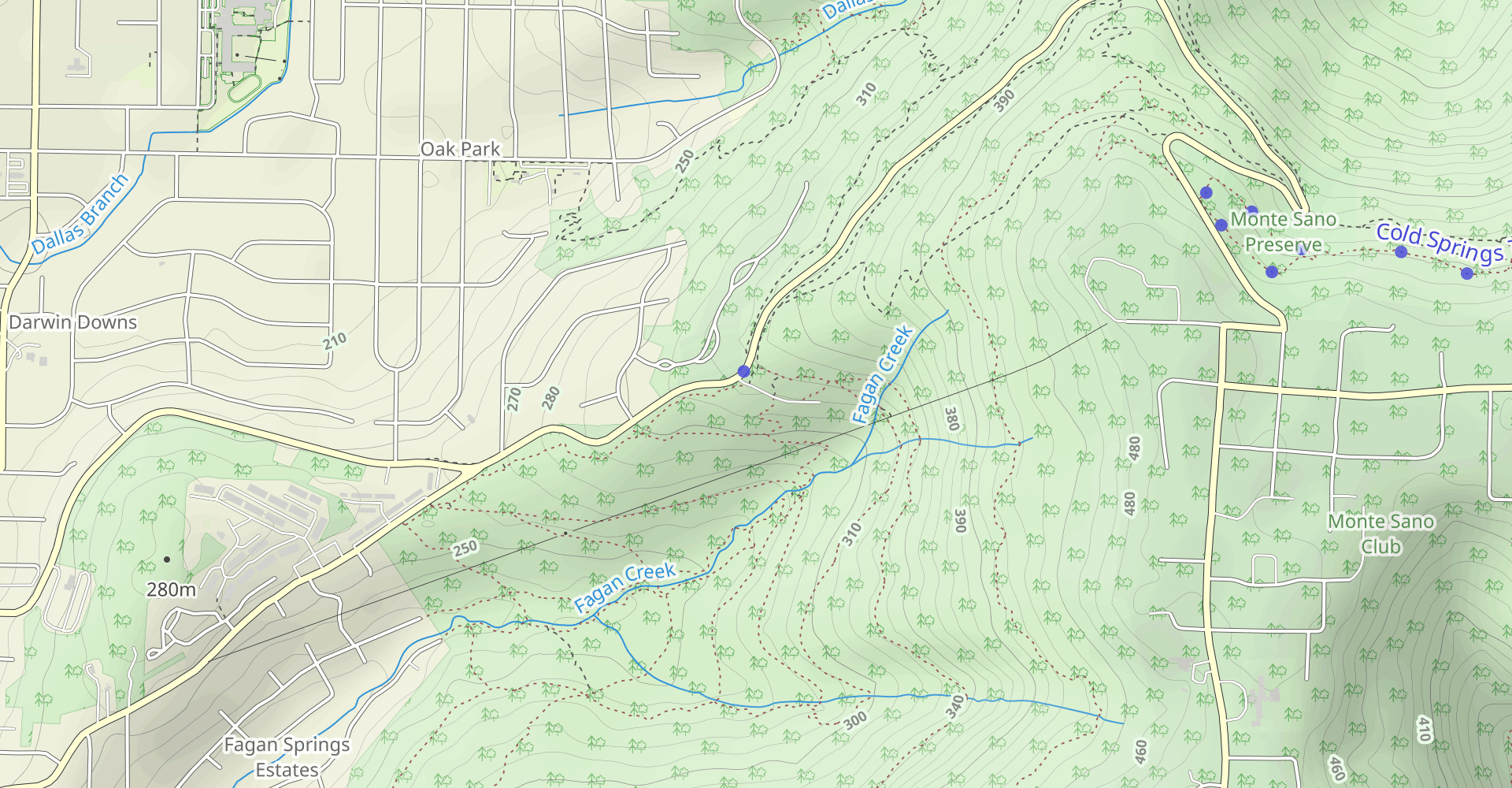Railroad Bed Trail, Alms House Trail, Wagon Trail, and Bluffline Loop