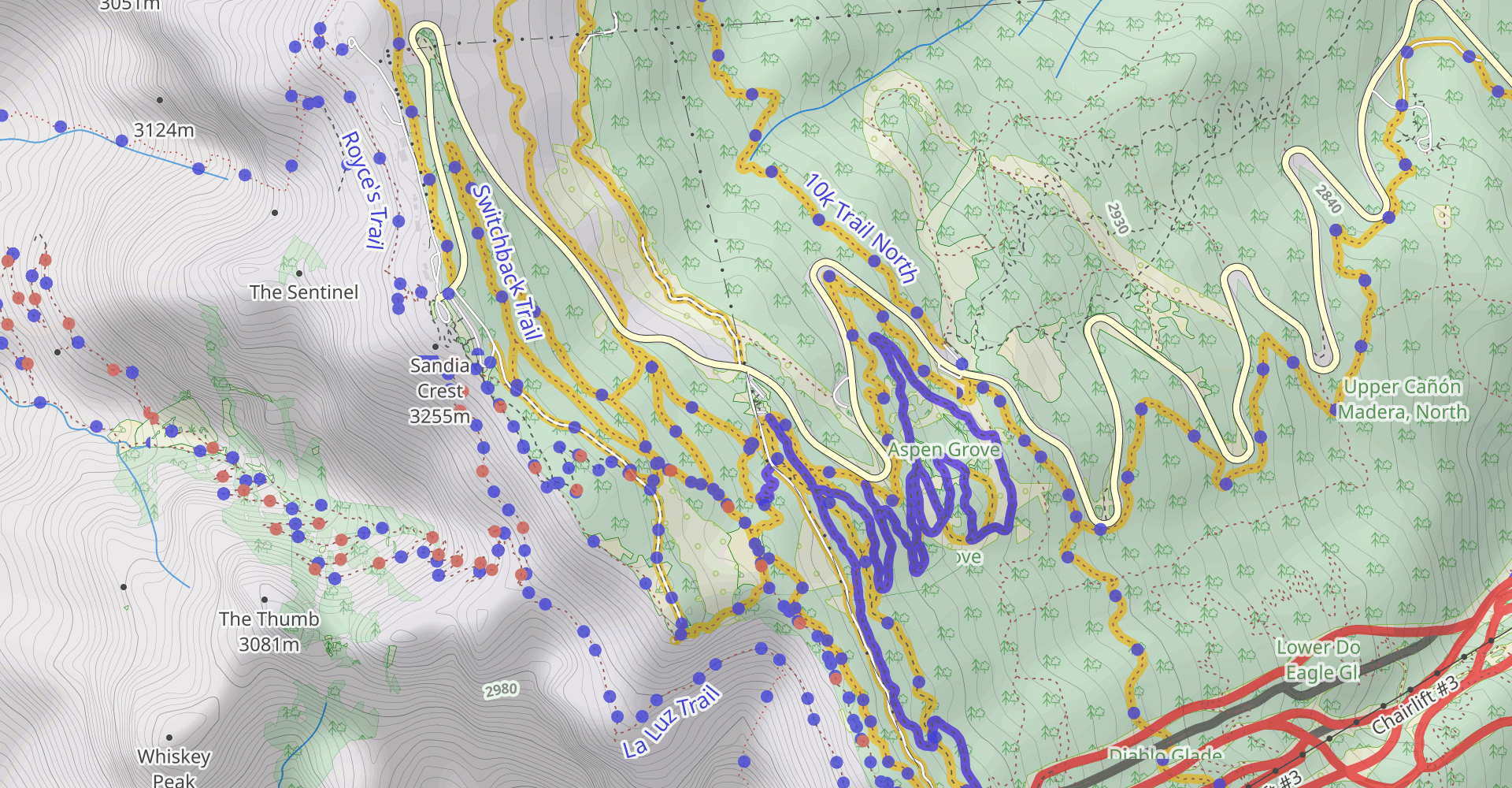 Switchback, Survey, North Crest, Spur Route and South Crest Loop