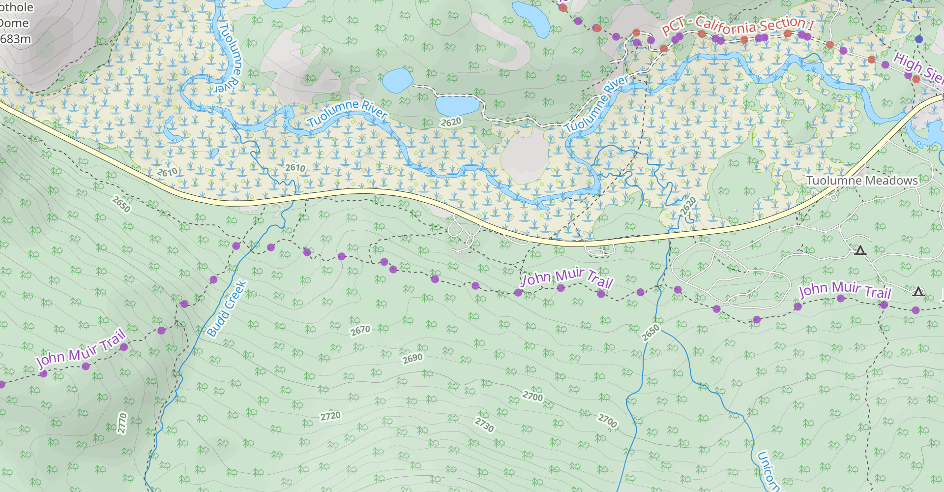 Tuolumne Meadows to Tenaya Lake via Pacific Crest and Glen Aulin Trails