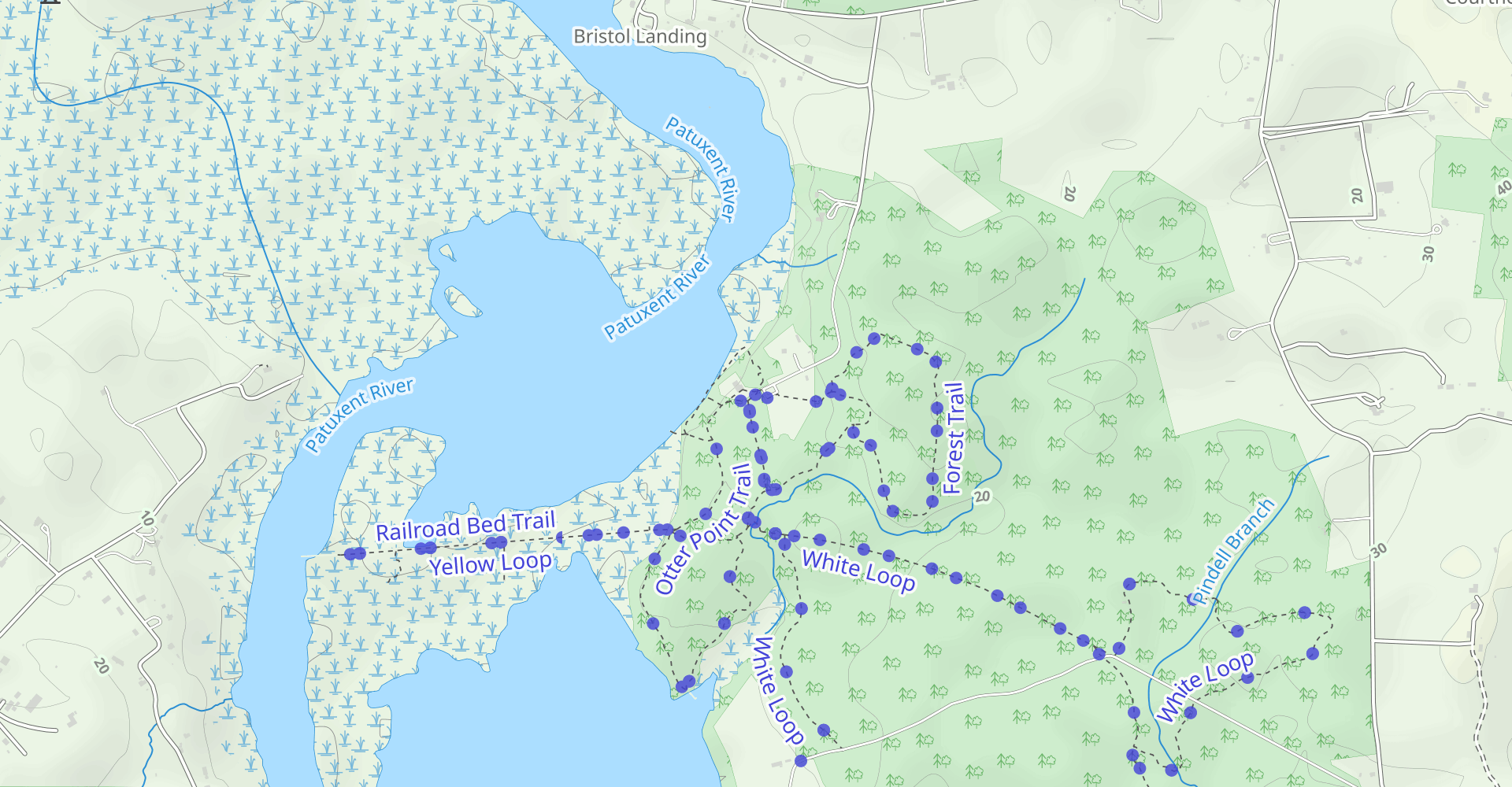 Railroad Bed, Otter Point, Farm, and Pindell Bluff Trails